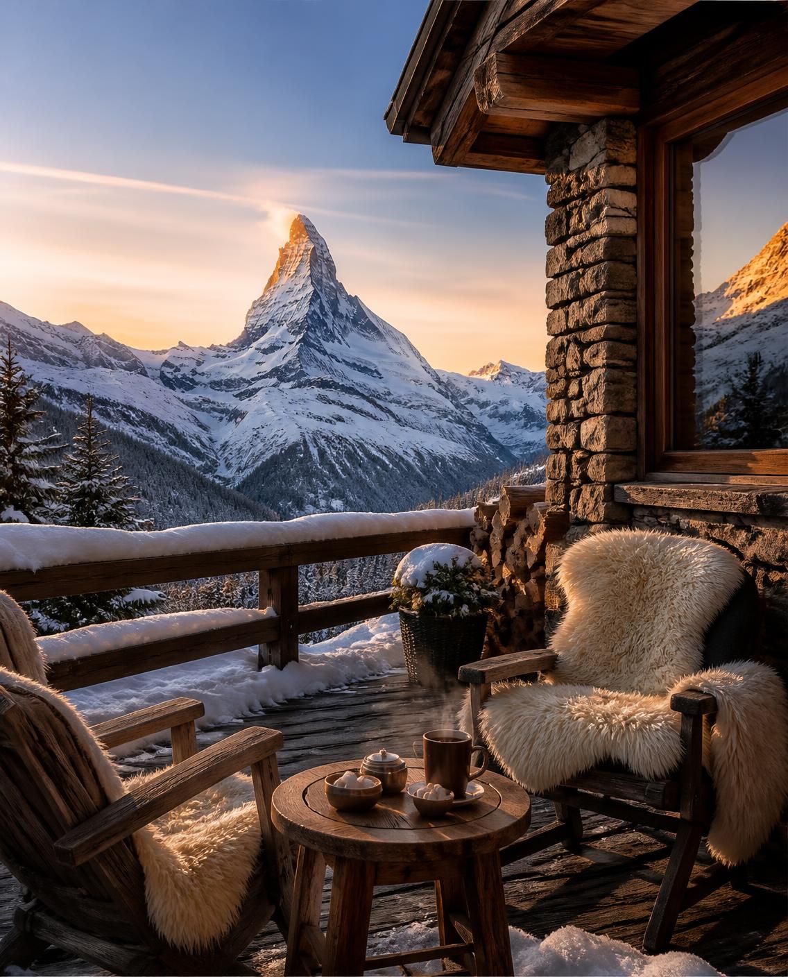 A chalet terrace facing the Matterhorn