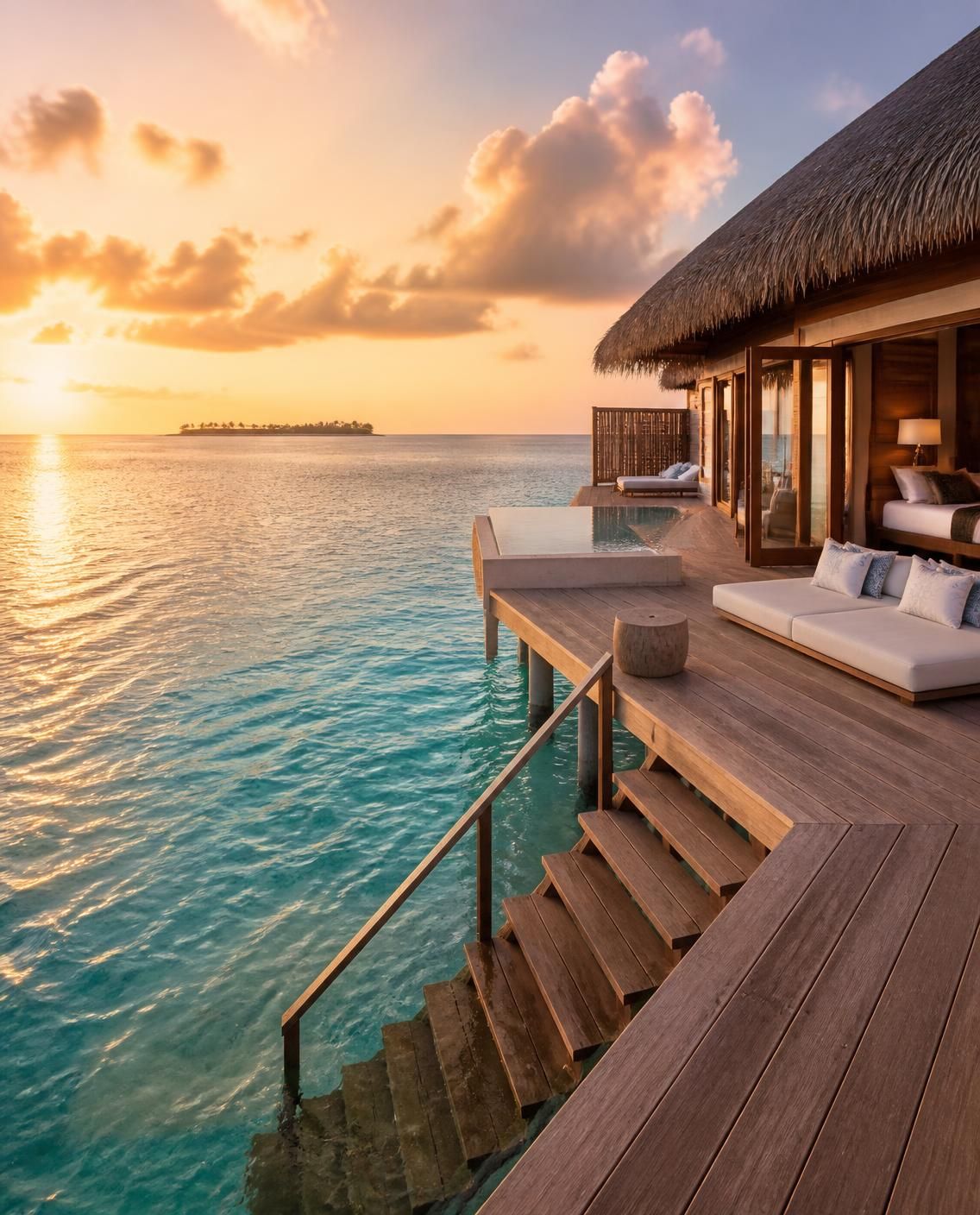 An overwater villa on a turquoise lagoon