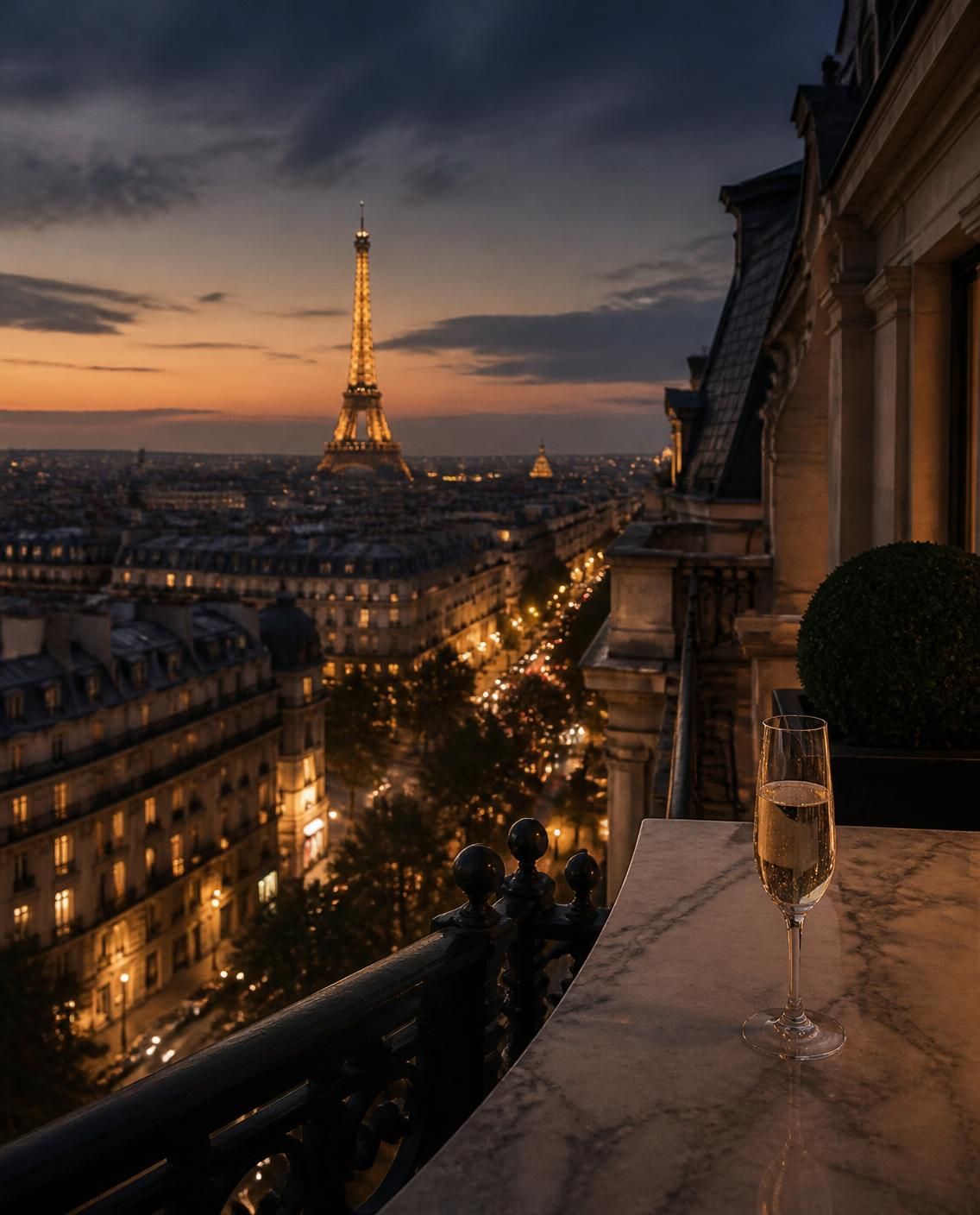 Paris at dusk from a hotel balcony
