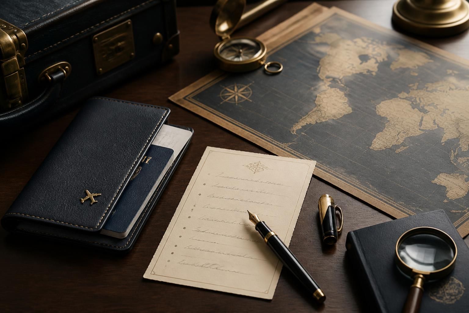 A passport wallet, pen, and itinerary card on a desk