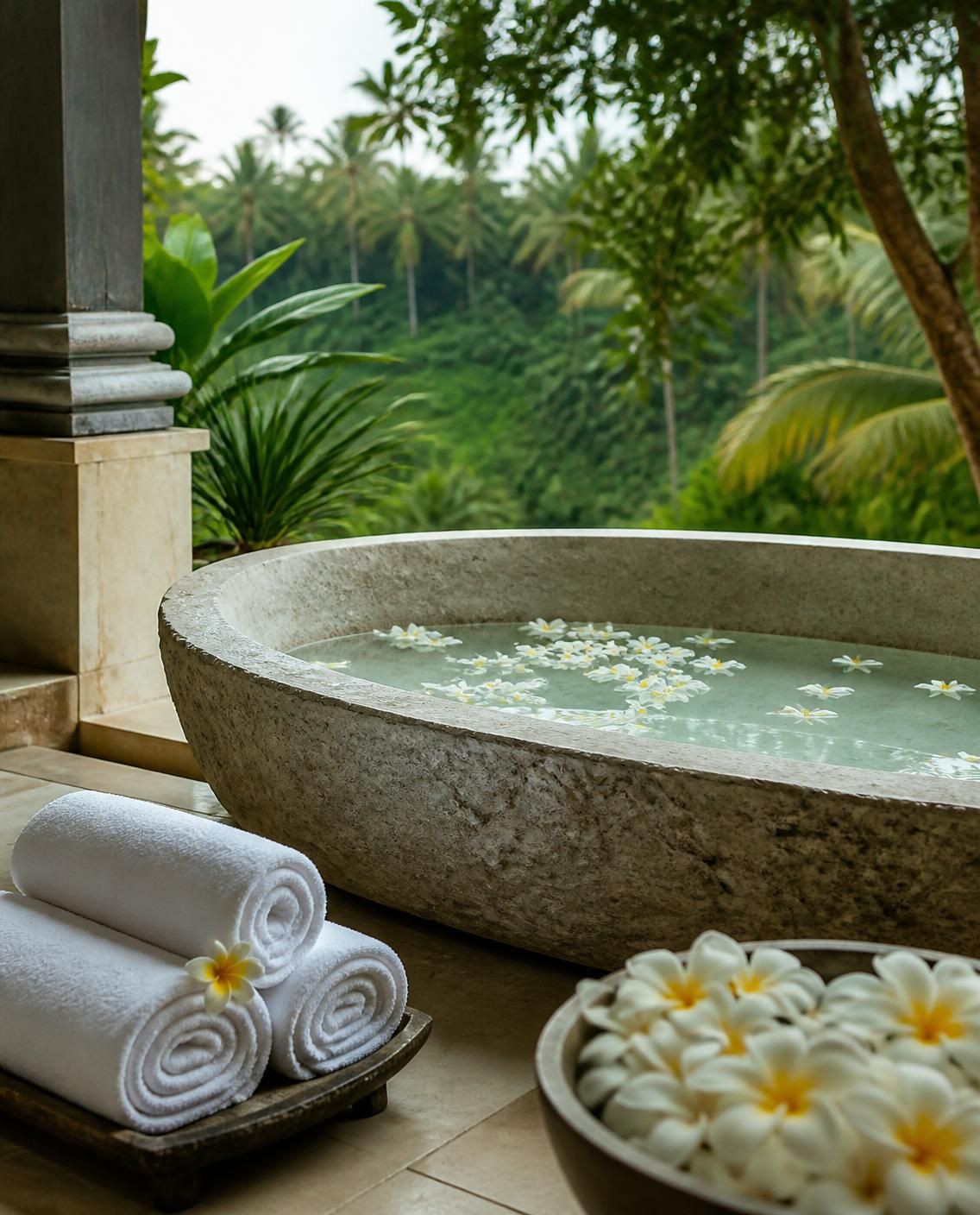 A stone soaking tub in a jungle spa